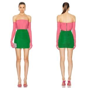 ALEX PERRY Ruched Strapless Jersey Pink and Green Mini Dress with Gloves Size 6